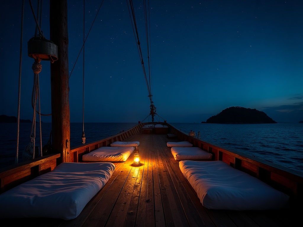 Deck mattresses under the stars on an anchored liveaboard boat at night in Komodo