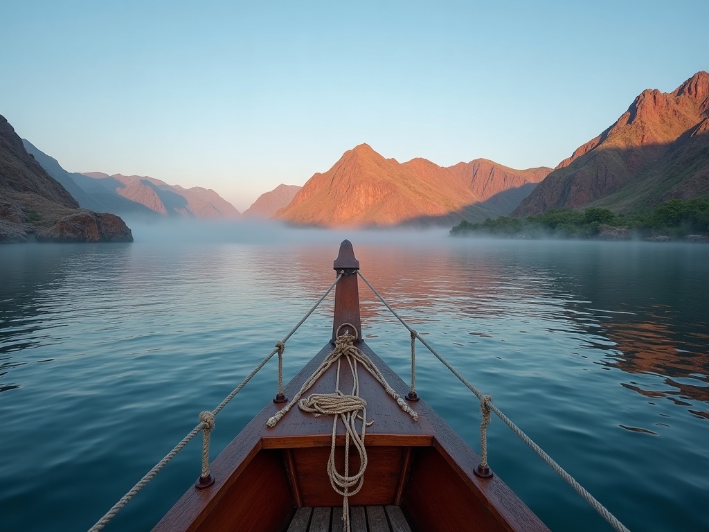 Sunrise over Padar Island ridges seen from an anchored boat bow