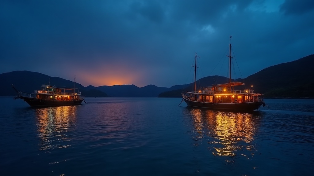 Wooden liveaboard boats at anchor at dusk in a Komodo National Park bay with warm cabin lights